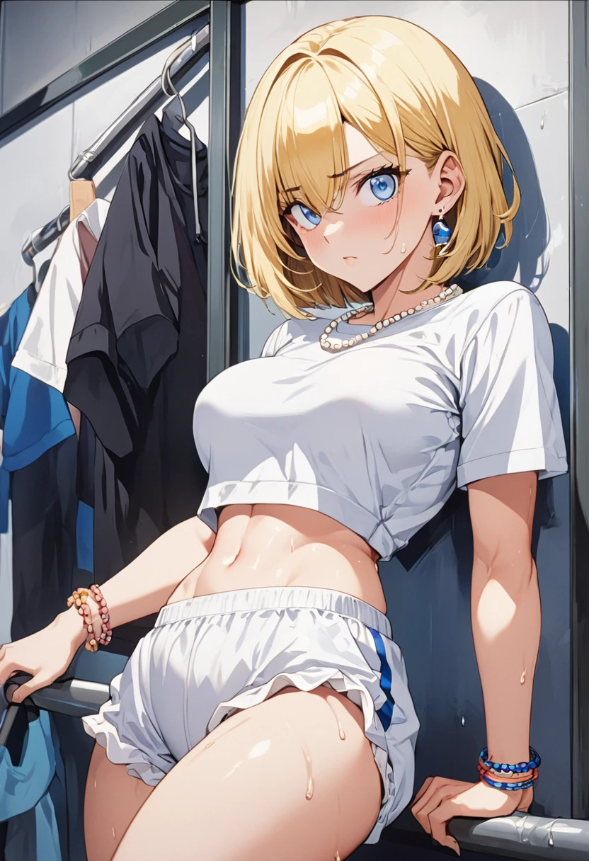 masterpiece, Highest quality, High resolution, (Artificial Human Room No. 18),1990s \(style\),(E-cup beautiful breasts)、height: 170cm,Sweating all over the body、Muscular、((sexy))、(Browsing Caution),独奏,Anime-style painting style, Blonde, blue eyes, (Gym clothes for schoolchildren),(underboob),exposed breasts,Bloomers,Pearl_necklace, bracelet, short hair, Short sleeve, Earrings,A composition that focuses on the whole body,(Cool face)、(Pointed Eyes)