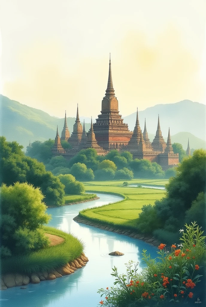 Myanmar, Bagan Bagoda, Watercolor painting