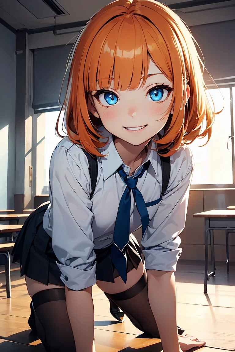 ((1 girl)), Latest clothing trends, cheerful grin, animated expressions, schoolar uniform, blackstockings, class room ((very detailled, highest quallity, high resolution, 8 k wallpaper, cute ,)),(hair orange, shorth hair, juvenile,Bouncy hair, ((asymmetrical bangs)) ,(shining blue eyes),shade, eyeliner,glowing eye, very detailledな目, Complex Eyes, gorgeous eyes, Shining Bright Blue Eyes 1