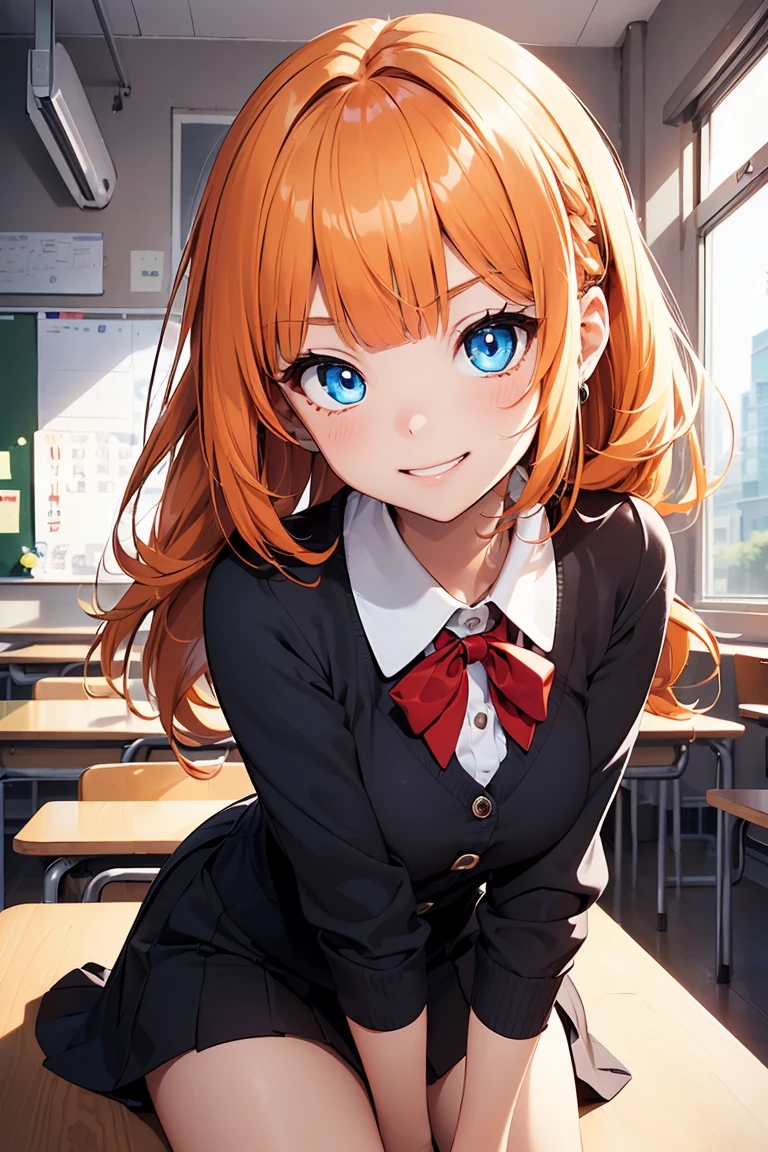 ((1 girl)), Latest clothing trends, cheerful grin, animated expressions, schoolar uniform, blackstockings, class room ((very detailled, highest quallity, high resolution, 8 k wallpaper, cute ,)),(hair orange, shorth hair, juvenile,Bouncy hair, ((asymmetrical bangs)) ,(shining blue eyes),shade, eyeliner,glowing eye, very detailledな目, Complex Eyes, gorgeous eyes, Shining Bright Blue Eyes 1