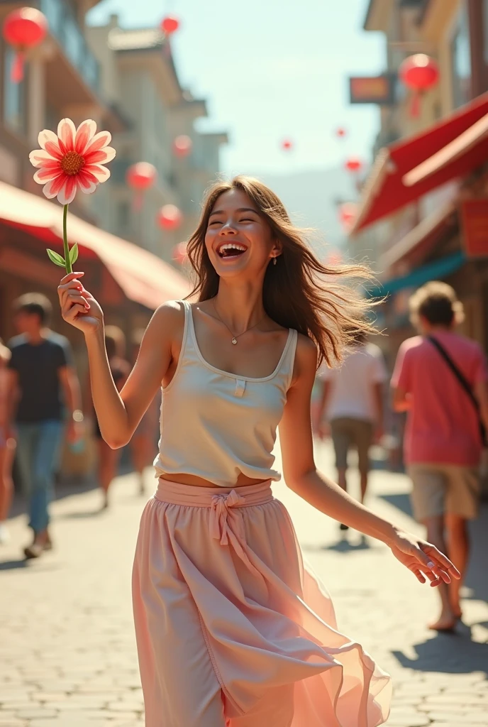 A laughing girl dancing in a tourist spot in her one hand she is holding some paper craft flowers
