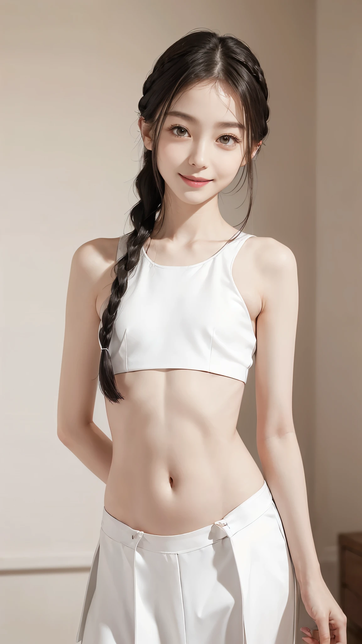 The perfect outfit、(((flat chest))), (flat chest:1.1),White skin,Braid,skinny,(((flat chest))), (flat chest:1.1),Thin arms,Narrow shoulders,smile,Perfect Face,View your viewers,Flat Chest,belly button,slim