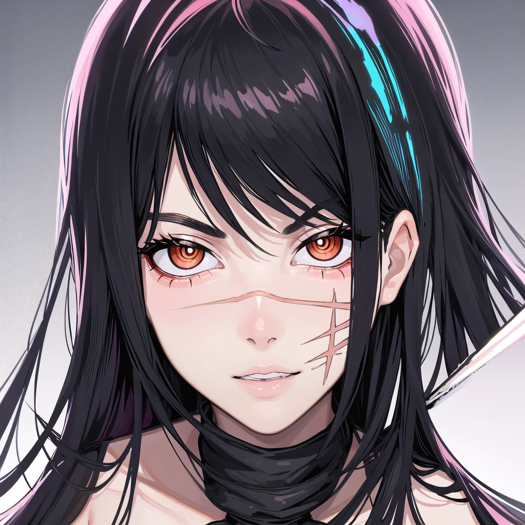 Face and Expression: The character has a youthful, slightly feminine face with a pale, smooth complexion, meticulously detailed with sharp, defined features. The jawline is slightly angular, contributing to a mix of youthful softness and mature sharpness. The character’s expression is serious and composed, with a subtle, knowing smirk that hints at a deep, confident personality. The eyes are large and almond-shaped, with intense amber irises that almost seem to glow, adding an air of intensity and mystery. The pupils are sharply defined, and the eyes are slightly narrowed, creating a focused, piercing gaze. The gaze is directed forward, engaging directly with the viewer, establishing a connection that is both intense and slightly unsettling.
Scar: A defining feature is the thin scar running horizontally across the right cheek. This scar should be highly detailed, appearing as a slightly raised, pale line, contrasting with the character’s otherwise smooth skin. The scar should be clean and straight, suggesting it was made by a sharp blade, and should add a layer of intrigue, indicating a past filled with conflict or danger. The scar is meticulously placed to enhance the character’s overall mysterious and battle-hardened appearance.
Hair: The character’s hair is jet-black, straight, and smooth, styled into a sharp, angular bob that frames the face perfectly. The bangs are cut straight, just above the eyebrows, with a few loose strands adding a touch of realism and a sense of movement. The hair falls to just below the ears, tapering into precise points, with each strand individually detailed to reflect light subtly, giving the hair a sleek, shiny texture. The hair is parted slightly off-center, adding asymmetry that enhances the character’s unique look. The hair should appear well-groomed, with each strand clearly defined, contributing to a polished, almost intimidating appearance.