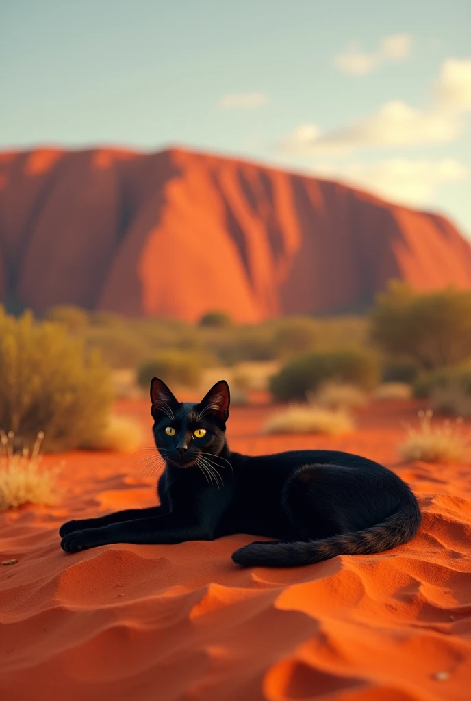 A peaceful black cat lounging on the red sands near the base of Uluru (Ayers Rock) in Australia. The massive sandstone monolith rises majestically in the background, with its rich red hues glowing under the warm sunlight. The cat’s sleek black fur contrasts beautifully with the earthy tones of the landscape. The scene captures the tranquil and spiritual essence of the Outback, as the cat enjoys a moment of calm in this iconic, sacred location.”