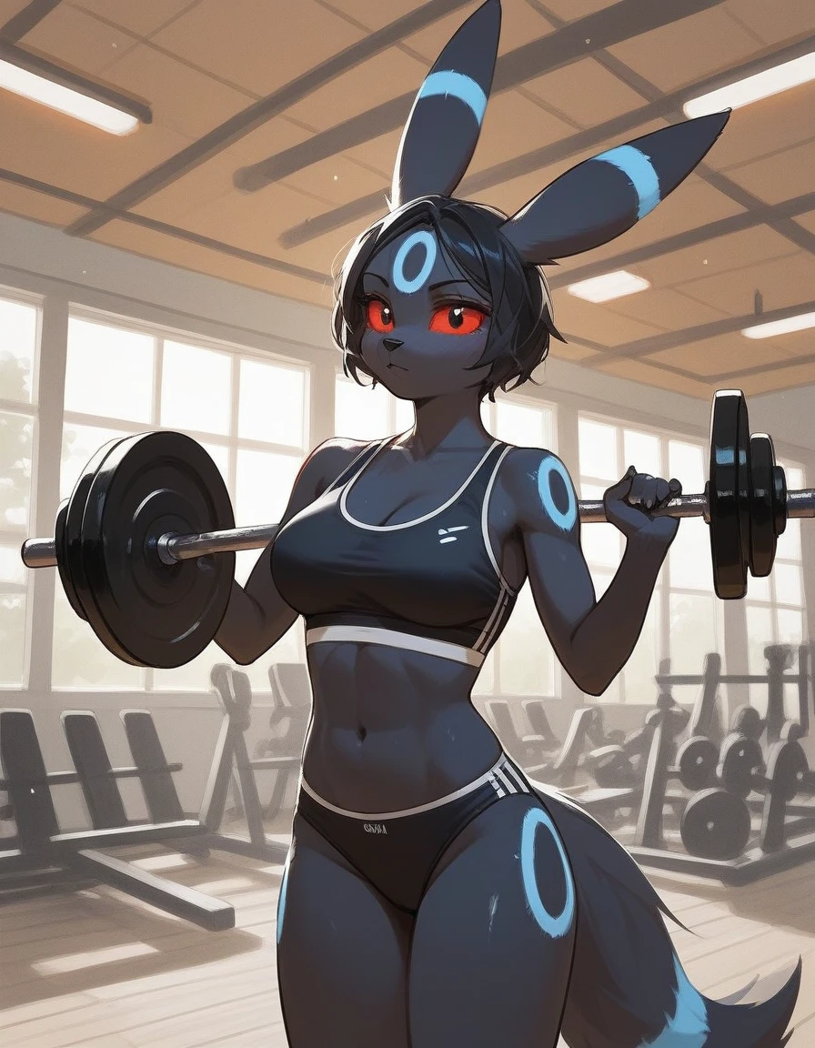 alone, score_9,score_8_up,score_7_up, anthro female umbreon, red sclera, black eyes, sports bra, sport panties, gym, working out.