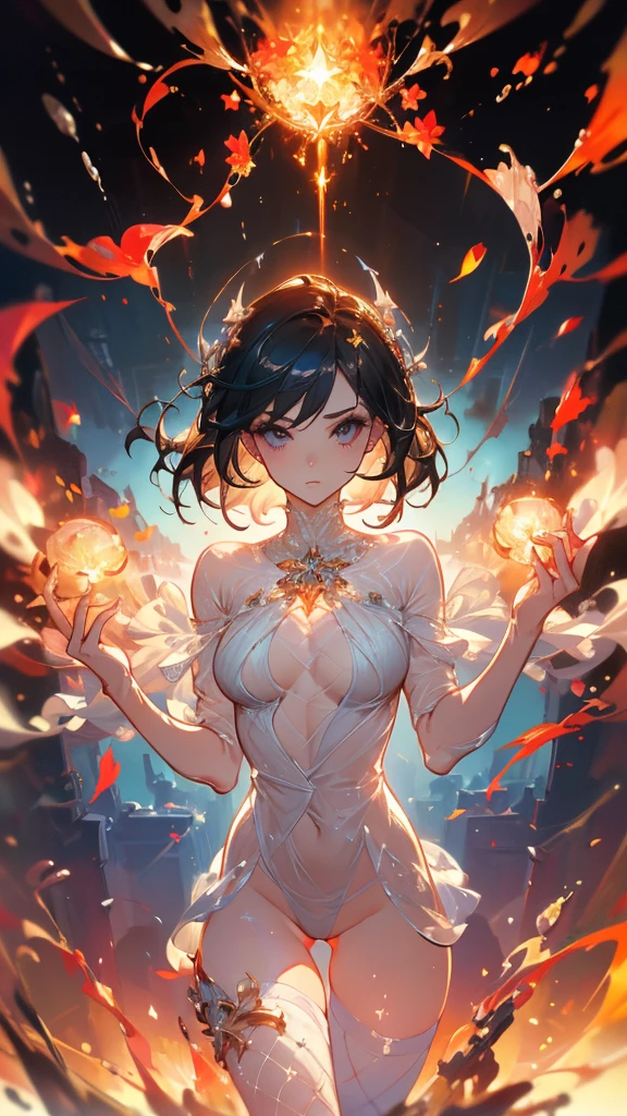 ((masterpiece, best quality)),Balrog,spark,Delicate face,whole body,Perfect body proportions,luxurious,Extremely beautiful,Flame Leaves,Petals falling,sexly,See-through pantyhose,Fishnet stockings,transparent,Star decoration,NUDE