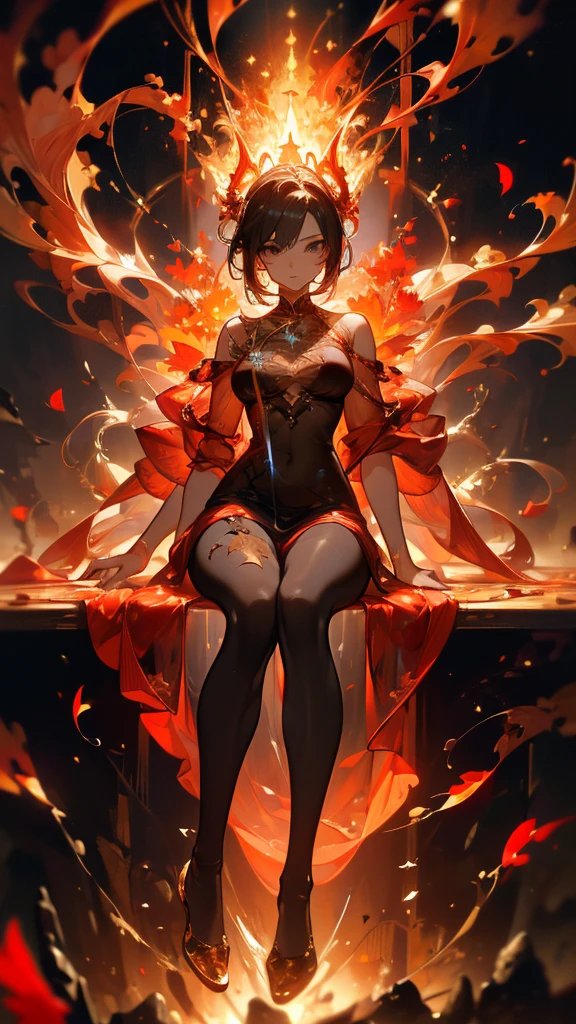 ((masterpiece, best quality)),Balrog,spark,Delicate face,whole body,Perfect body proportions,luxurious,Extremely beautiful,Flame Leaves,Petals falling,sexly,See-through pantyhose,Fishnet stockings,transparent,Star decoration,NUDE