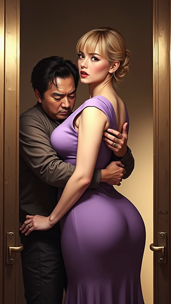 (live-action:1.9), Very realistic, Like a photograph, masterpiece, (Japan man wearing glasses:1.9), (A small middle-aged Japanese man hugs a woman from behind:1.9), Detailed elevator scenario, Detailed background of the elevator, Sexy tall blonde European standing (Woman 1) (Anne Hathaway:1.9), (The woman is wearing a formal long dress:1.9), (Women have big thighs and thick buttocks), (((Cleavage))), (Long legs), (pantyhose), (High heels), (((Facial expression of disgust))), Blushed, (The man is wearing tattered clothes)