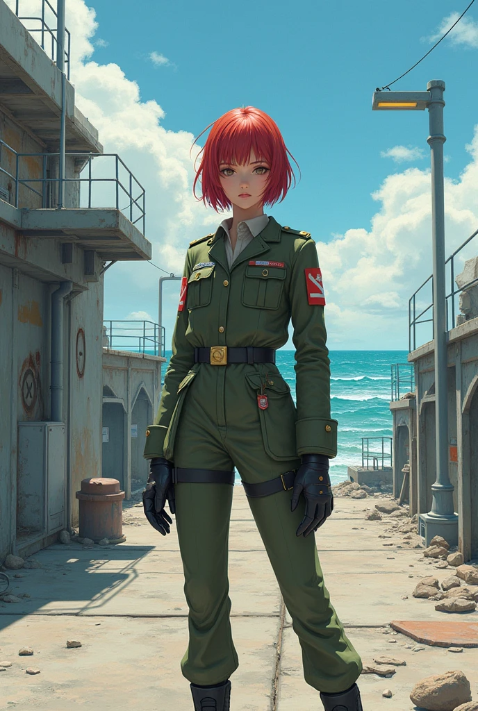 Ridiculous resolution, high resolution, (Main Part: 1.4), Ultra Detail, A weapons testing range on an empty seaside pier, 1 young woman, Red short hair, Soldier suit, Very serious expression