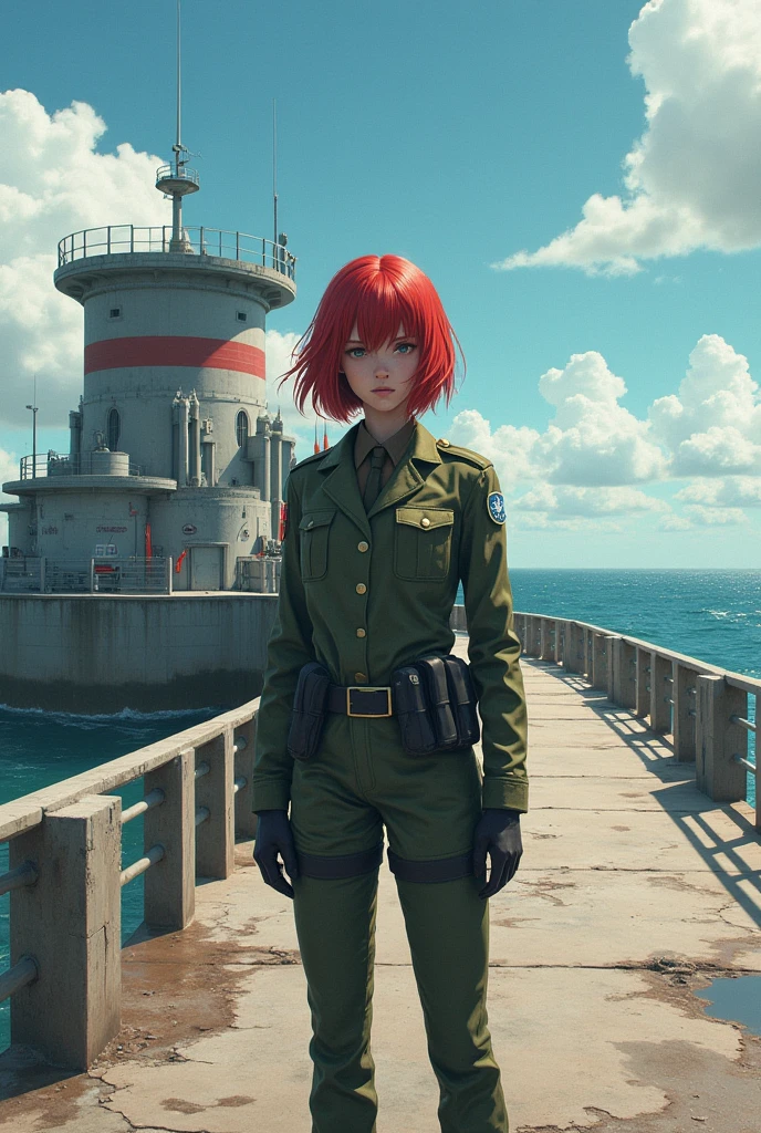 Ridiculous resolution, high resolution, (Main Part: 1.4), Ultra Detail, A weapons testing range on an empty seaside pier, 1 young woman, Red short hair, Soldier suit, Very serious expression