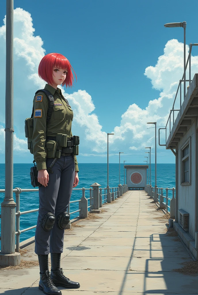 Ridiculous resolution, high resolution, (Main Part: 1.4), Ultra Detail, A weapons testing range on an empty seaside pier, 1 young woman, Red short hair, Soldier suit, Very serious expression