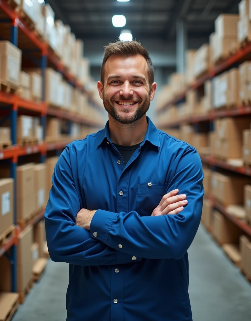 Create a professional and realistic image that showcases the theme of 'Work at a Fulfillment Center: Stability and High Income.' The image should feature a confident man dressed in a blue uniform, standing in a well-organized fulfillment center. The man should have a satisfied expression, reflecting the stability and high earnings associated with his job. The background should include neatly stacked boxes and packages, emphasizing the organized and efficient work environment. The overall atmosphere should convey professionalism, reliability, and a positive working experience.