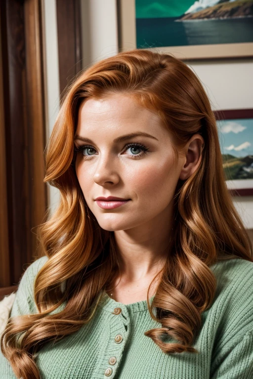 Medium view, of young aged, 30 year old, milf, irish woman, face portrait, irish features,long hair, ginger hair, 1940s hair style, 1940s clothing, in cozy fjord home 1936, sweaty
