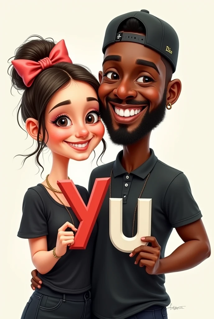 Create a caricature of two lovers, she holding the letter Y and he holding the letter E, he with dark skin, with earrings and a backwards cap and a short, well-defined beard, she with a bow in her hair, both dressed in black.