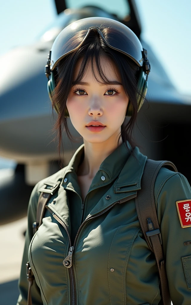Ultra-high resolution,High-resolution details,Photo real, , (1 Korean female pilot,Super beautiful,Super white skin,Super white face), (Wearing a flight suit,Holding pilot helmet), Large breasts, (full-body shot,panorama distant view,Wide-angle lens)Military fighter,Female fighter pilot,The action of boarding the plane,airplane cockpit