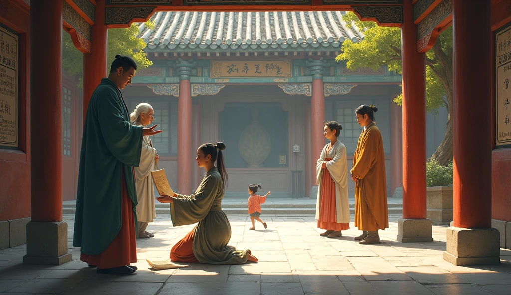 In the open ancient chinese courtyard there are one middle aged man, one woman and one old woman standing .  girls wondering about and young woman kneeling down receiving decree from official