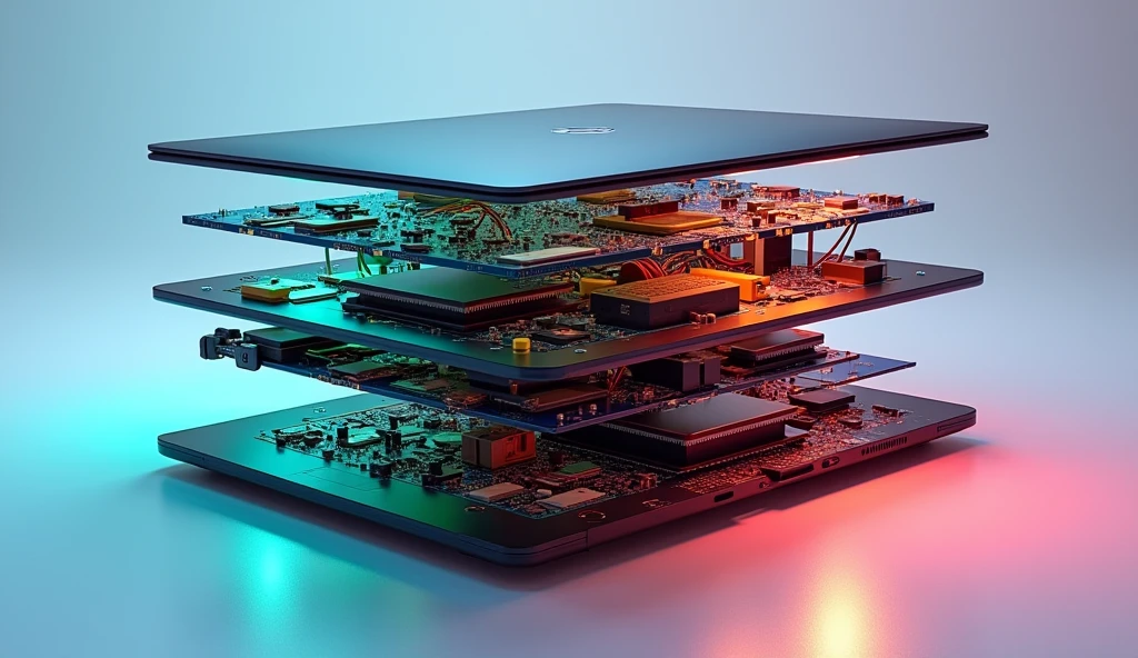 The image of a laptop is "split" into several layers, with the components arranged in order. Each layer is illuminated by a different color, creating an attractive "peeling layer by layer" effect.