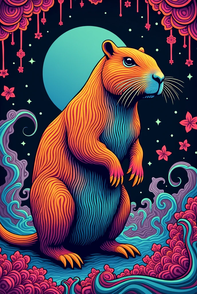 capybara, a beautiful multicolored capybara in woodcut style, psychedelic style, psychedelia style 60's and 70's colors vivid vibrant electric, 1968's style psychedelic