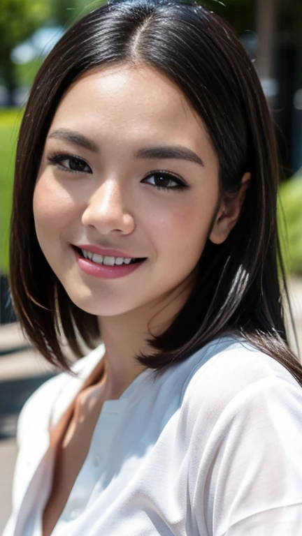 RAW photos, camera gaze, ((top quality, 8k, masterpiece: 1.3)), sharp focus: 1.2, white shirt, pretty features, best smile, cute smile, beautiful woman in perfect style: 1.4, slender abs: 1.2, dark brown hair, (natural light, city street: 1.1), highly detailed face and skin texture, detailed eyes, double eyelids