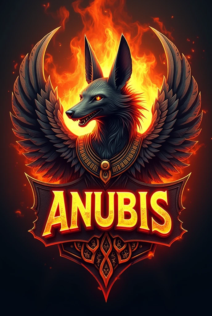 ((best qualityer)), ((work of art)), (detailded), create a gamer logo with the character egyptian god anubis, The logo must have a coat of arms with the character in front of the front bust, and the name written ANUBIS, Anubis has to be on fire epic dragon gamer style