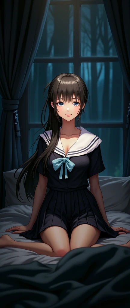 (32K:1.9, Realistic:1.9, Highest quality, masterpiece, Ultra-high resolution), Perfect dynamic composition:1.3, Highly detailed skin and facial textures:1.3, (Cute ???? slim Japanese schoolgirl, height: 155cm), ((Lying in bed:1.3, I close my eyes and wait:1.4)), Fair skin, ((Clarity:1.1)), (The woman is wearing a uniform with a light blue bow tie., Ponytailed black hair:1.3, smile:0.9, A man completely charms a woman:0.9, beautiful Blue Eyes, beautiful, Clear Eyes:0.8), ???? Face:0.4, blush:1.1, ((beautifulエロティシズムを醸し出す雰囲気:1.0, Professional random camera work:1.0, Cinematic Lighting Effects:1.0, romantic:1.0, artistic:1.0, mysterious:1.0)), ??????????, Object of admiration, original, dramatic, Innovative, charm, Heartful, Fancy, Tilt, sense of loss, special, exciting, Extreme, sense of openness, joy, joyの表現, ((若さのcharm, 女性的なcharm))