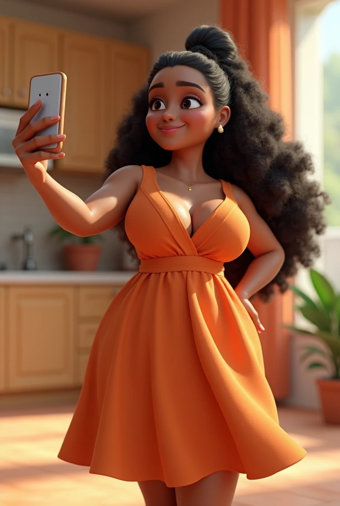 Mary, 30years, brunette skin, very chubby, voluminous breasts, black curly hair tied behind the head, doing selfie ,wearing a loose dress, pixar 3d illustration