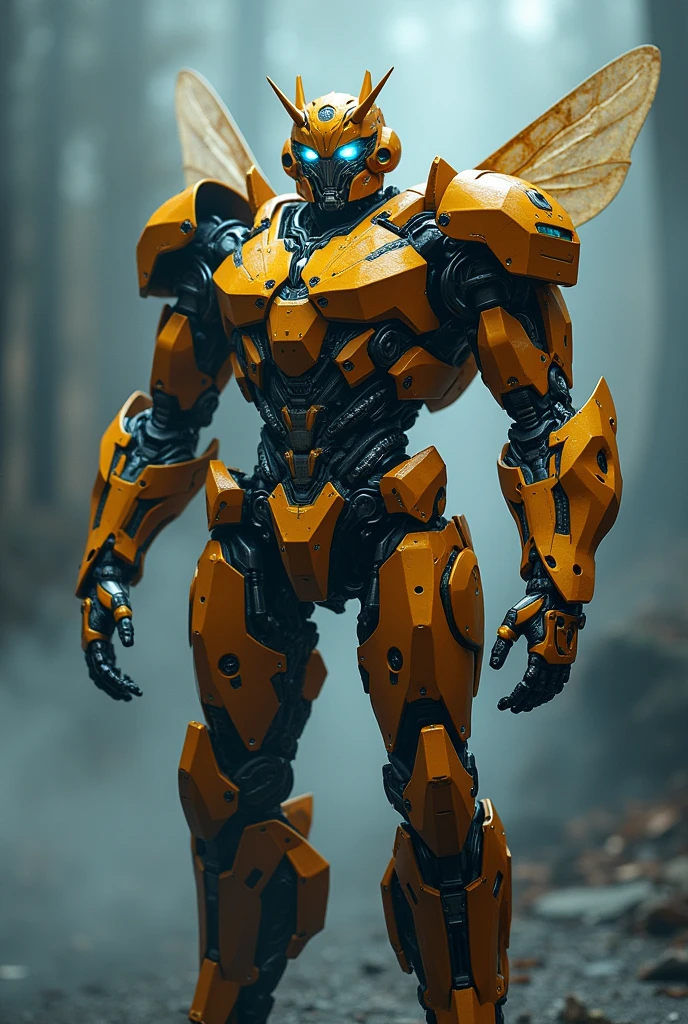a bumblebee transformer suit, ironman suit, highly detailed, 8k, hyperrealistic, cinematic lighting, volumetric fog, epic, dramatic, intricate machinery, glowing neon accents, metallic reflections, complex design, futuristic technology, photo-realistic, concept art style, moody color palette, dramatic chiaroscuro lighting
