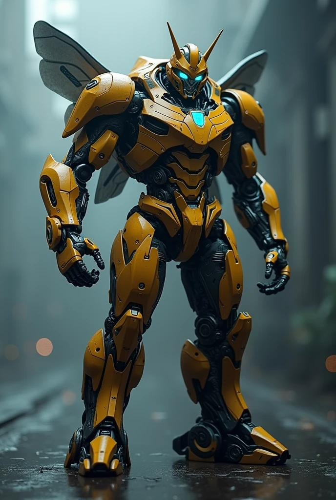 a bumblebee transformer suit, ironman suit, highly detailed, 8k, hyperrealistic, cinematic lighting, volumetric fog, epic, dramatic, intricate machinery, glowing neon accents, metallic reflections, complex design, futuristic technology, photo-realistic, concept art style, moody color palette, dramatic chiaroscuro lighting