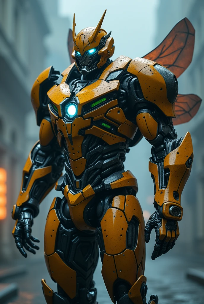a bumblebee transformer suit, ironman suit, highly detailed, 8k, hyperrealistic, cinematic lighting, volumetric fog, epic, dramatic, intricate machinery, glowing neon accents, metallic reflections, complex design, futuristic technology, photo-realistic, concept art style, moody color palette, dramatic chiaroscuro lighting