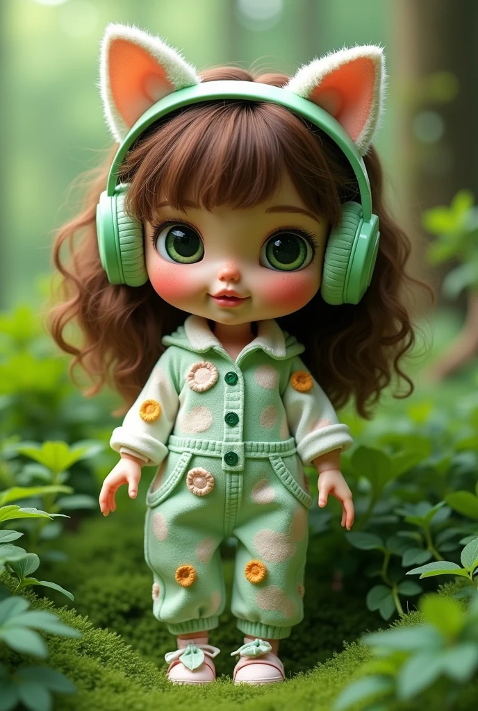 doll shape,Caucasian skin,greeneyes, big brown hair, white and green jumpsuit,green kitty headphones,greenery background
