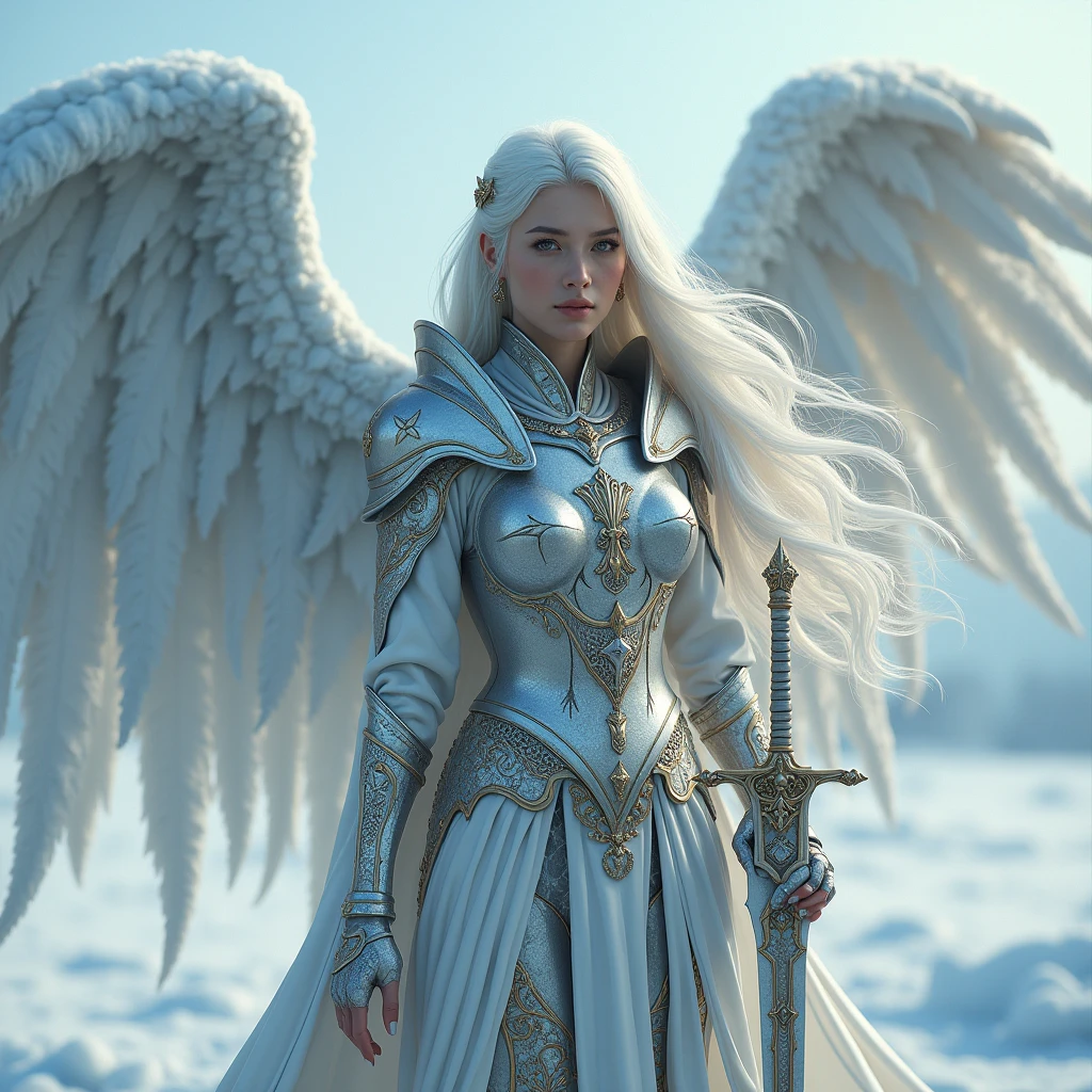A tall stunningly beautiful girl, with calm grey eyes, oval shaped face, wearing a crown, with two wings sprouting from her back, her long legs and her body covered in a silver gold armor, her long silver-white hair flowing in snowy wind, near a frozen lake where she stands holding her long swordMasterpiece, Anatomically Correct, Award Winning, Accurate, High Details, Super Detailed, UHD, Messy Hair,