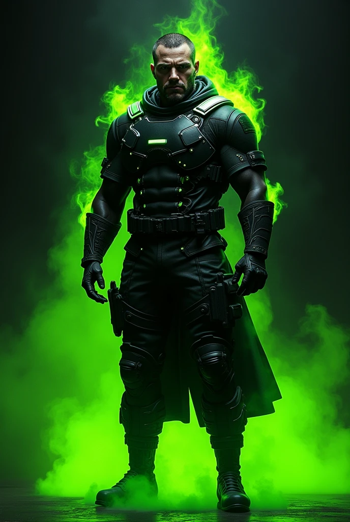 army soldier, with black and neon green uniform. With black background and neon green fire