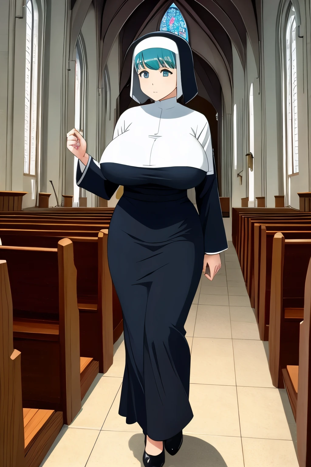 nun,aqua hair,big breast,short hair,church,cute,full body