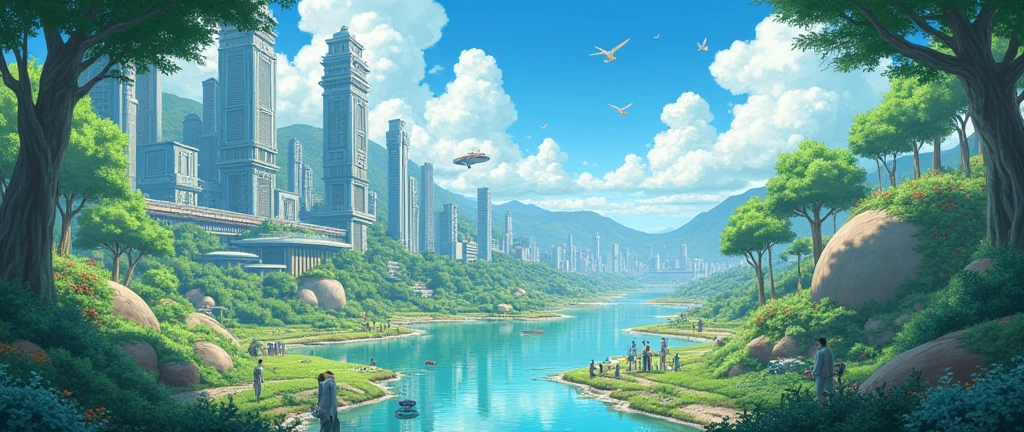 studio ghibli, ghibli style, ghibli art, by hayao miyazaki, landscape of utopia, utopia city, future cities (masterpiece, best quality) anime scene, anime screencaps,lofi