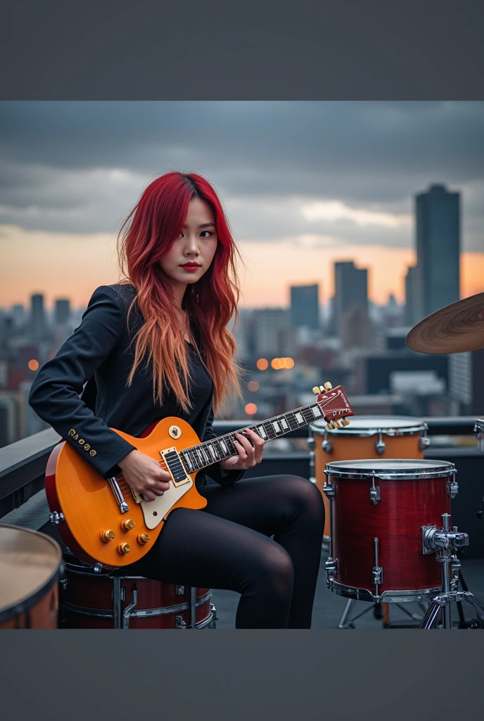 a red-haired Asian woman sitting on a ledge playing drums, janice sung, set on the rooftop of Tokyo, dreamy rock girl, sits in a rooftop, playing a drum, photo from a promotional shoot, made, in a rooftop, in a rooftop, kiyoko suzuki, e Kimura, photoshoot, masami suda, por Jason Teraoka, streaked hair, hair over shoulder, dashed eyes, seductive smile, multicolored hair, Serious, kubrick stare, makeup, hair ears, social media composition, dutch angle, Nikon, high quality, uhd, anatomically correct, 8k