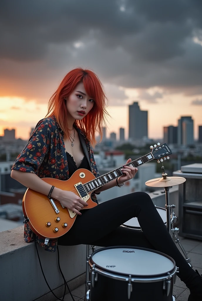 a red-haired Asian woman sitting on a ledge playing drums, janice sung, set on the rooftop of Tokyo, dreamy rock girl, sits in a rooftop, playing a drum, photo from a promotional shoot, made, in a rooftop, in a rooftop, kiyoko suzuki, e Kimura, photoshoot, masami suda, por Jason Teraoka, streaked hair, hair over shoulder, dashed eyes, seductive smile, multicolored hair, Serious, kubrick stare, makeup, hair ears, social media composition, dutch angle, Nikon, high quality, uhd, anatomically correct, 8k