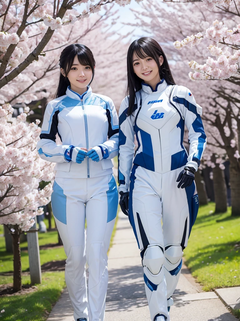 Japanese female android sisters,Black Hair,White and blue robot suit,Plump,Walking along the rows of cherry blossom trees in full bloom,smile,