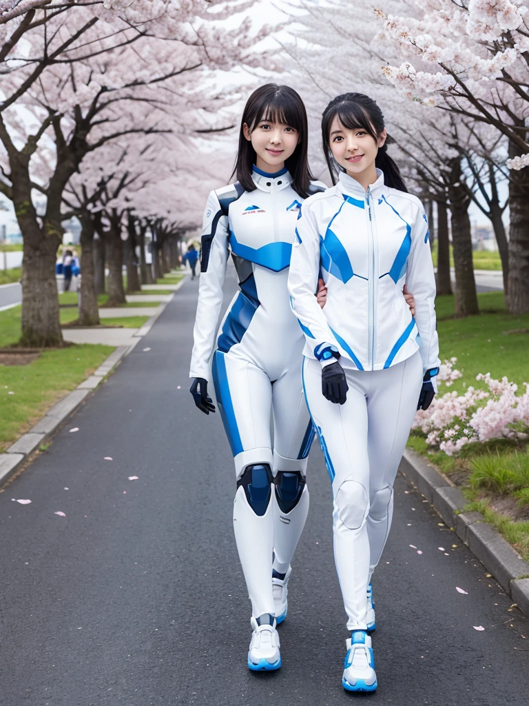 Japanese female android sisters,Black Hair,White and blue robot suit,Plump,Walking along the rows of cherry blossom trees in full bloom,smile,