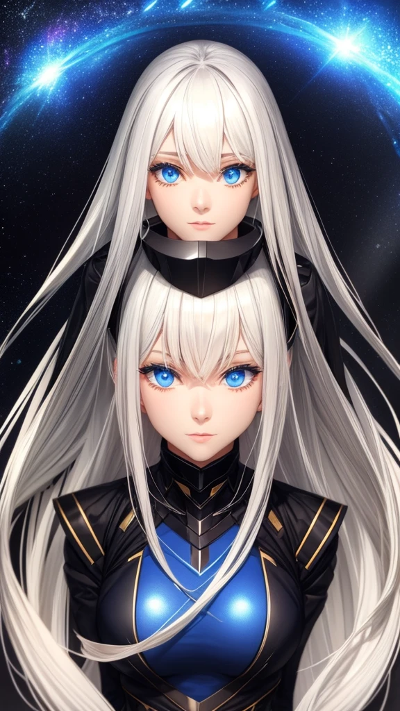 woman ,Golden white hair,blue eyes,,,Black space suit