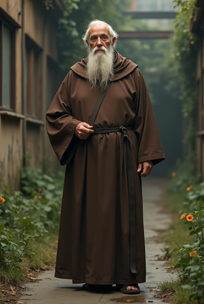 vintage photography of a hefty old man as a ((demigod)) with ((long layers haircut)) wearing (retro clothes), dressed in brown Franciscan monk habit, industrial setting, daylight, weathered building, concrete ground, overgrown vegetation, Standing upright, Left hand holding flower, Right hand on hip, Gazing forward, Eye-level shot, shallow focus, soft lighting, in an ancient enchanted forest, characteristics of the light, cinematic sensual, extremely detailed, hyperrealistic, (from above:1.4), shot on Sigma sd Quattro H with Sigma 24-70mm f-2.8 DG, photo by Nobuyoshi Araki