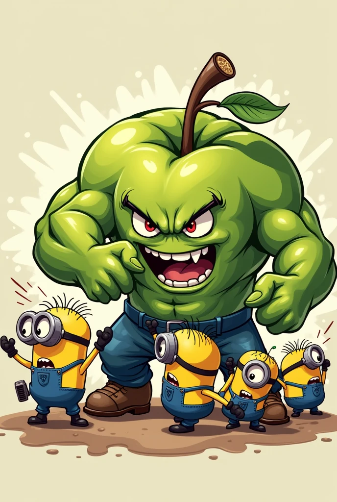 Muscular green apple punching minions hard