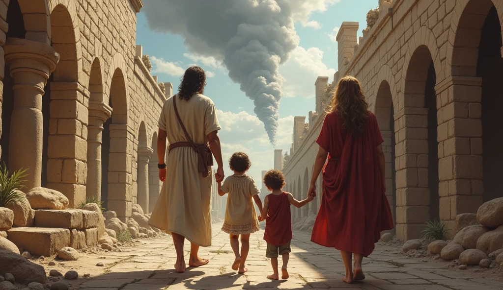 A realistic biblical scene set in the thriving city of Enoch, with Caim and his wife watching their children grow amidst the stone buildings they built together. The atmosphere is a blend of hope and melancholy, with the shadow of Caim's curse still looming over them. Their expressions reflect both the pain of the past and the hope for the future. The city is vibrant, with signs of prosperity, yet there is a subtle reminder of the challenges they faced, symbolized by a dark cloud in the sky, representing the ongoing burden of Caim's curse.