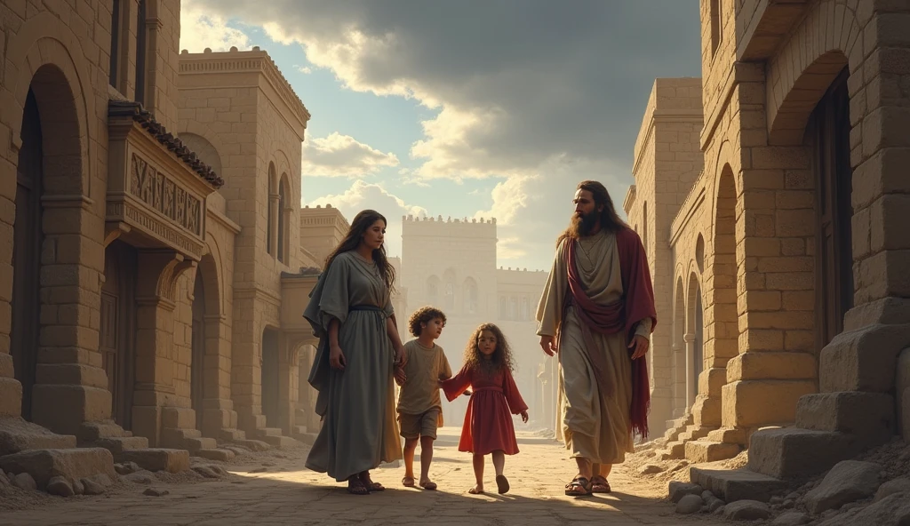 A realistic biblical scene set in the thriving city of Enoch, with Caim and his wife watching their children grow amidst the stone buildings they built together. The atmosphere is a blend of hope and melancholy, with the shadow of Caim's curse still looming over them. Their expressions reflect both the pain of the past and the hope for the future. The city is vibrant, with signs of prosperity, yet there is a subtle reminder of the challenges they faced, symbolized by a dark cloud in the sky, representing the ongoing burden of Caim's curse.