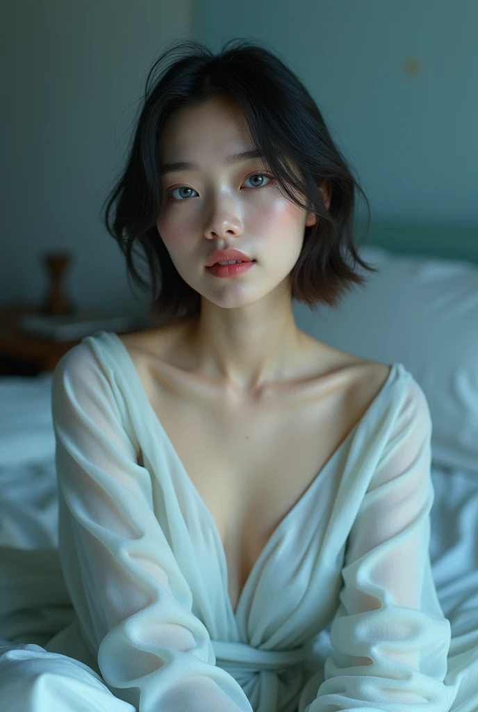 (photorealism:1.2),very beautiful woman, unreal beauty, sitting on bed, wearing dress, relaxed pose, realistic, intricate details, cool colors,Asian beauty, blue eyes