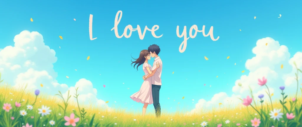 Anime Couple In a Open Field hugging and in the blue sky it Says I Love You in the clouds