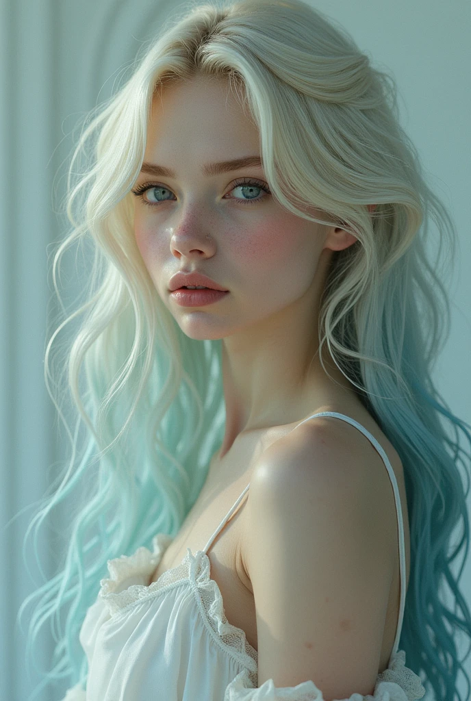 Beautiful human-like blonde Caucasian girl with blue hair, completely naked