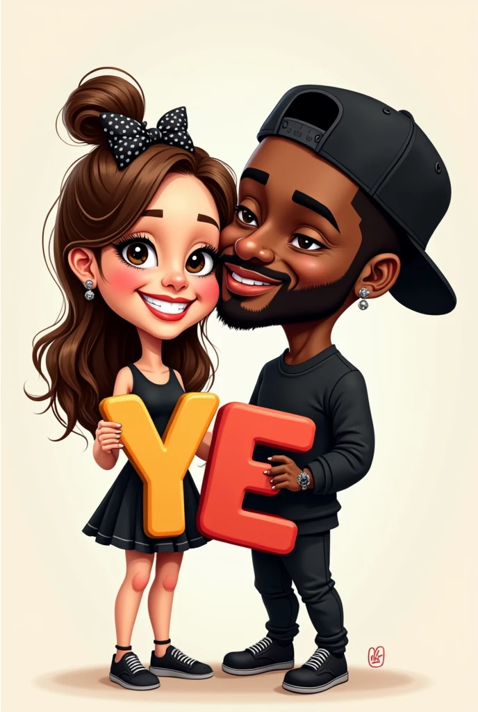 Create a caricature of two lovers, she holding the letter Y and he holding the letter E, he with dark skin, with earrings and a backwards cap and a short, well-defined beard, she with a bow in her hair, both dressed in black. 