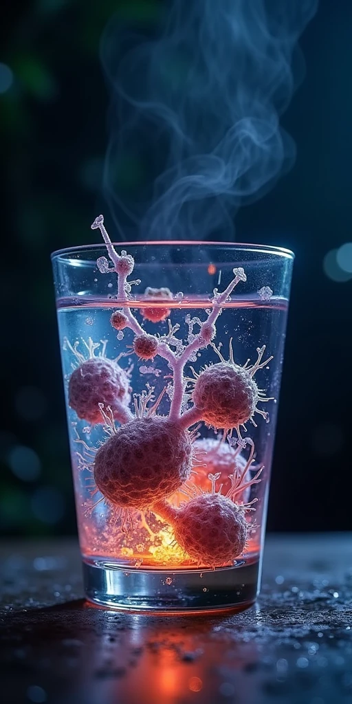 Complicated bacteria mutated life in glass of water, backlit by led in dark scene

