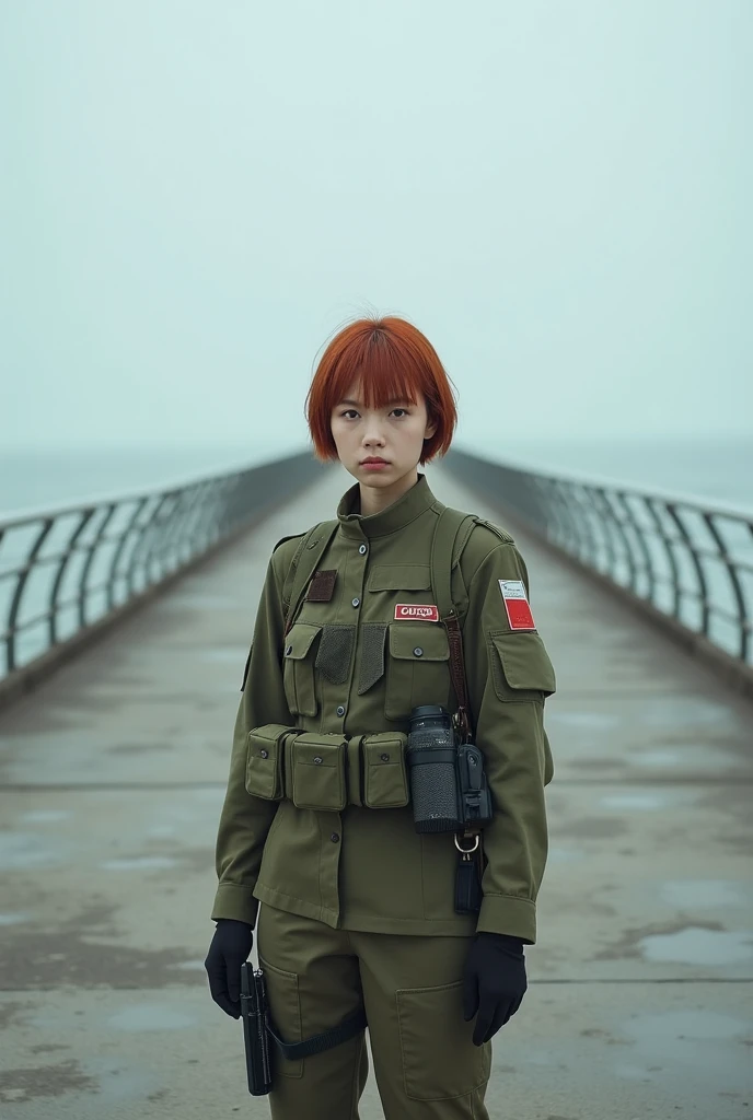 Photographed with Canon camera,Ridiculous resolution, high resolution, (Main Part: 1.4), Ultra Detail, A weapons testing range on an empty seaside pier, 1 young woman, Red short hair, Soldier suit, Very serious expression
