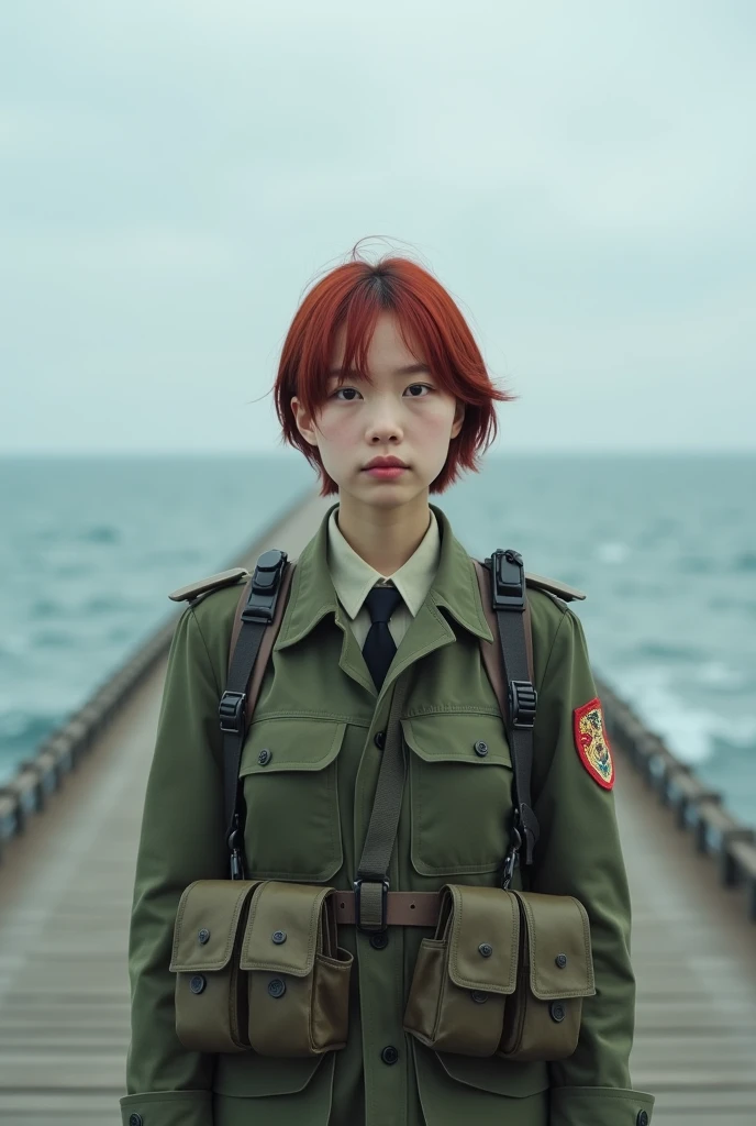 Photographed with Canon camera,Ridiculous resolution, high resolution, (Main Part: 1.4), Ultra Detail, A weapons testing range on an empty seaside pier, 1 young woman, Red short hair, Soldier suit, Very serious expression